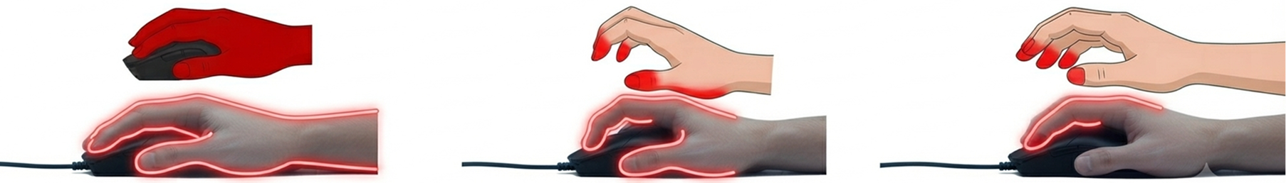 Tipos de grip: palm, claw y fingertip